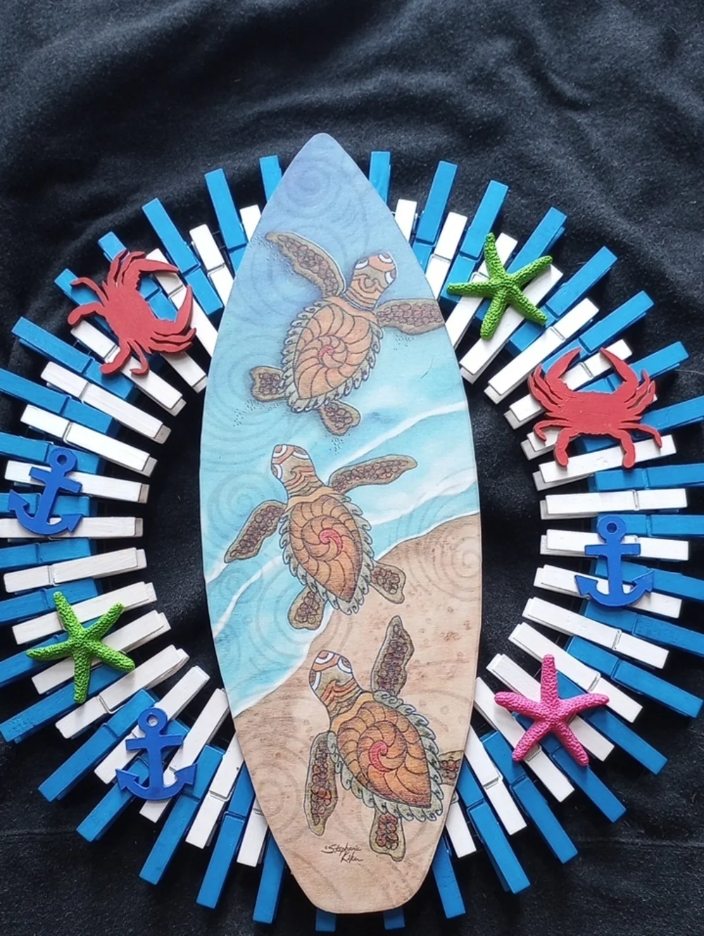 Coastal Sea Turtle Surfboard Wall Art — Blue and Tan Home Wall Decor